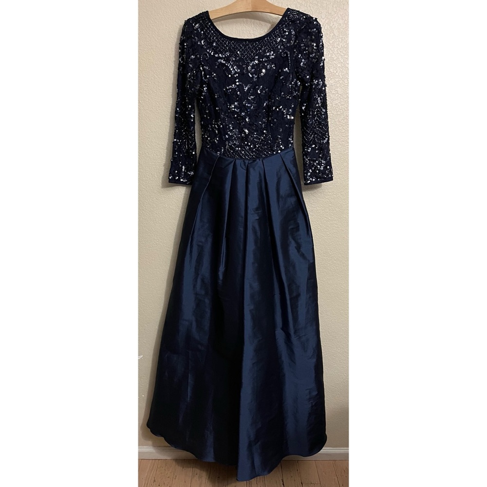 Aidan Mattox Navy Blue Long Sleeve Beaded Evening Gown